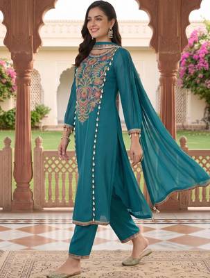 women ethnic motifs embroidered regular thread work kurta with trousers & with dupatta 6