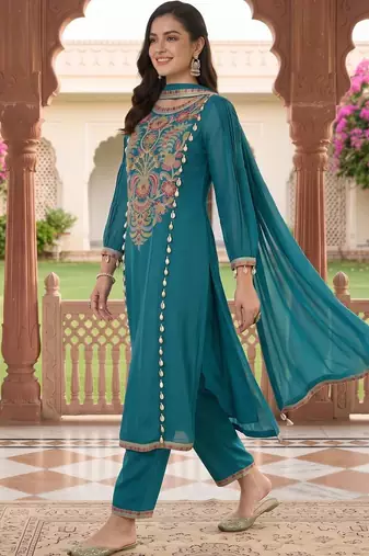 women ethnic motifs embroidered regular thread work kurta with trousers & with dupatta