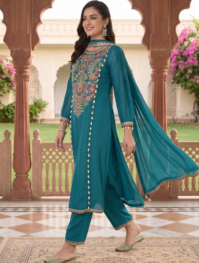 women ethnic motifs embroidered regular thread work kurta with trousers & with dupatta