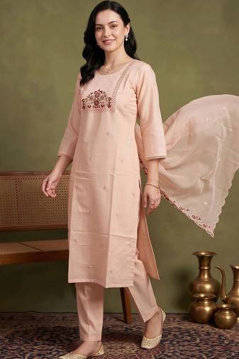 women ethnic motifs embroidered regular thread work kurta with trousers & with dupatta