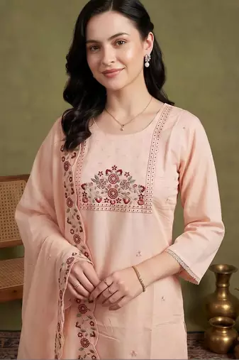 women ethnic motifs embroidered regular thread work kurta with trousers & with dupatta
