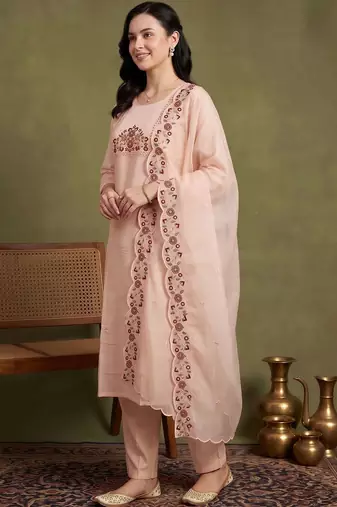 women ethnic motifs embroidered regular thread work kurta with trousers & with dupatta