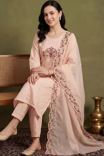 women ethnic motifs embroidered regular thread work kurta with trousers & with dupatta