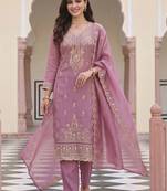 women ethnic motifs embroidered regular thread work kurta with trousers & with dupatta