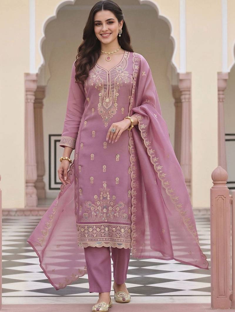 women ethnic motifs embroidered regular thread work kurta with trousers & with dupatta