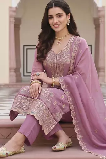 women ethnic motifs embroidered regular thread work kurta with trousers & with dupatta