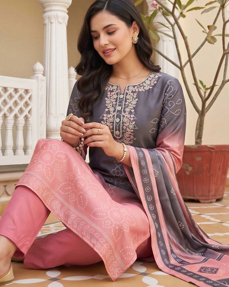 women ethnic motifs embroidered regular thread work kurta with trousers & with dupatta