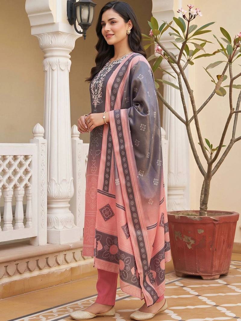 women ethnic motifs embroidered regular thread work kurta with trousers & with dupatta