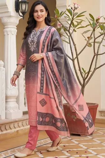 women ethnic motifs embroidered regular thread work kurta with trousers & with dupatta