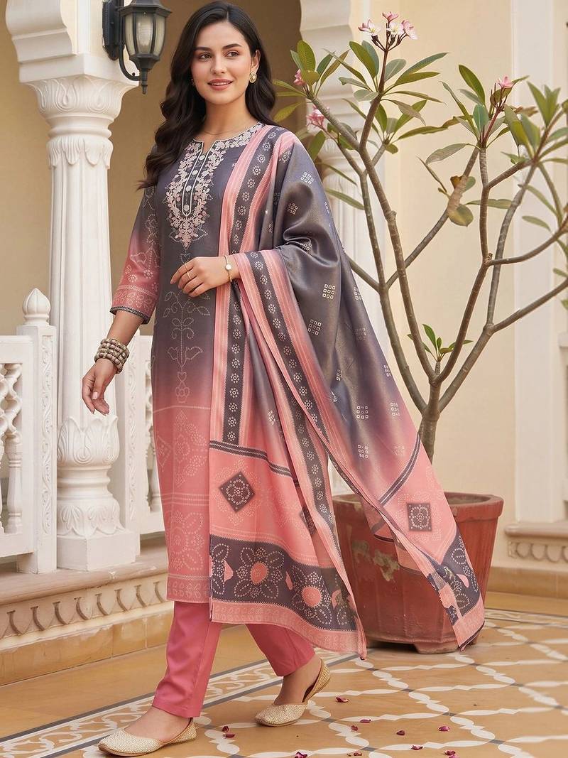 women ethnic motifs embroidered regular thread work kurta with trousers & with dupatta