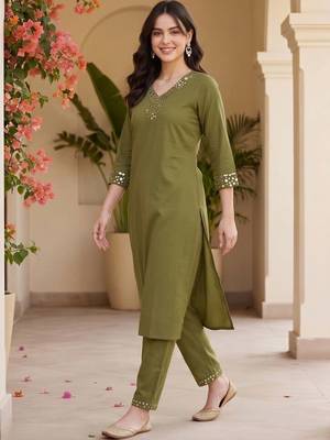 women regular mirror work kurta with trousers 1