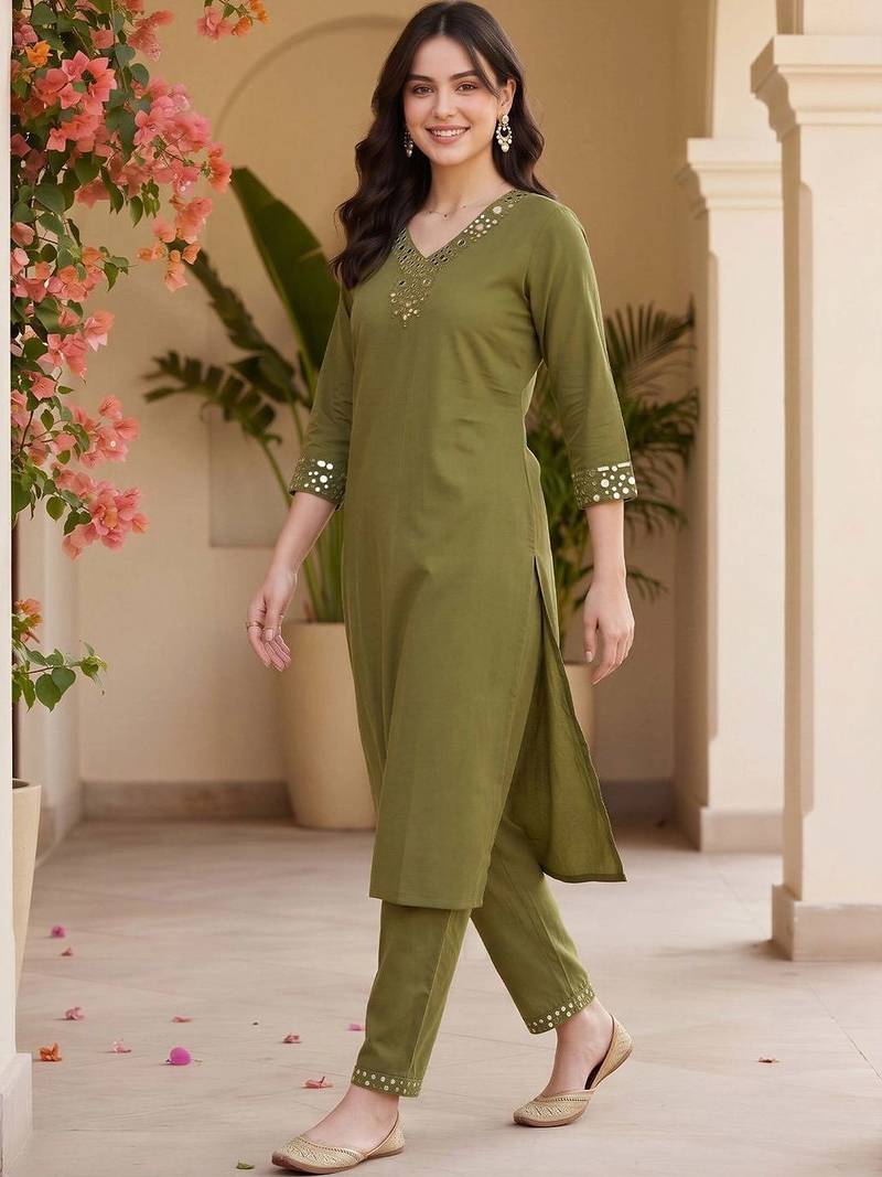women regular mirror work kurta with trousers