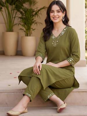 women regular mirror work kurta with trousers 6
