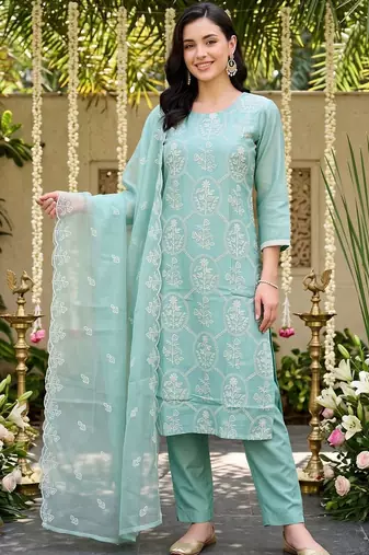 women ethnic motifs embroidered regular thread work kurta with trousers & with dupatta