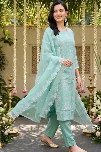 women ethnic motifs embroidered regular thread work kurta with trousers & with dupatta