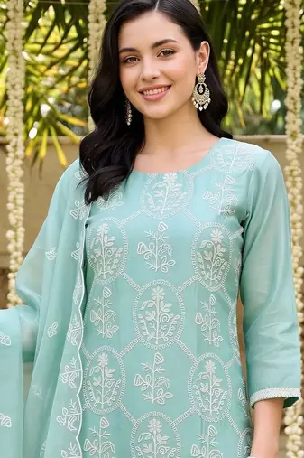 women ethnic motifs embroidered regular thread work kurta with trousers & with dupatta