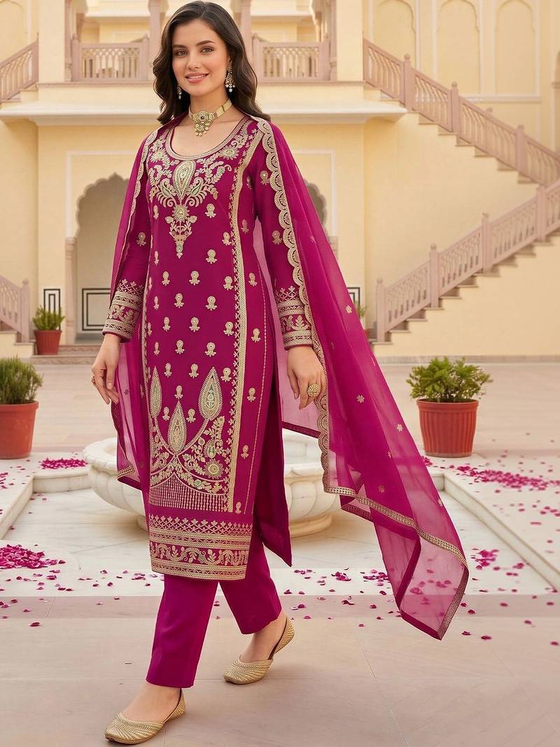 women ethnic motifs embroidered regular kurta with trousers & with dupatta