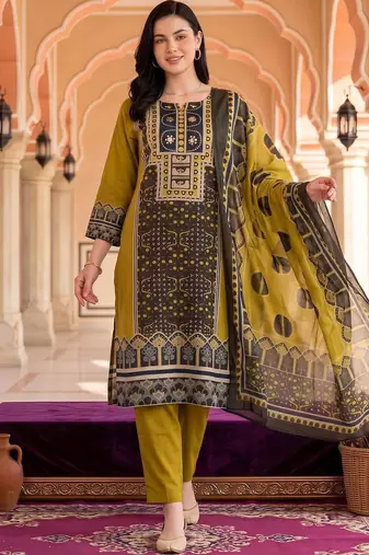 women ethnic motifs printed regular cotton kurta with trousers & with dupatta