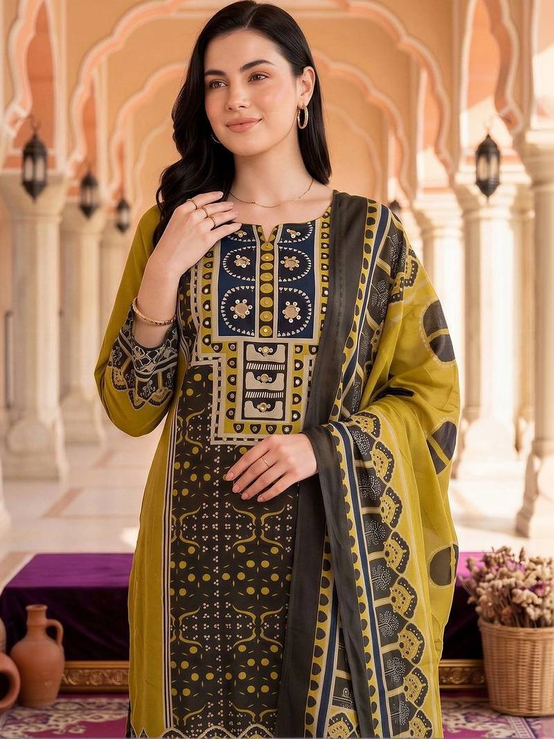 women ethnic motifs printed regular cotton kurta with trousers & with dupatta