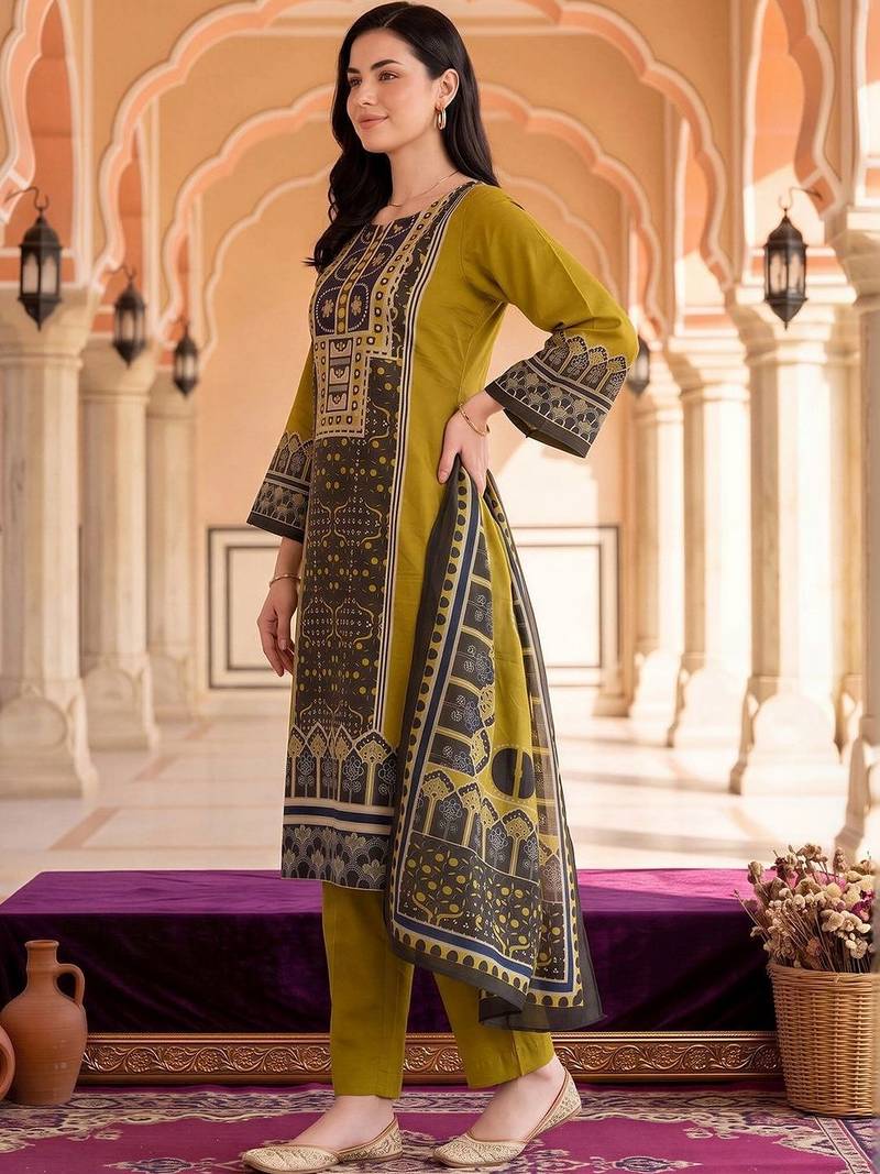 women ethnic motifs printed regular cotton kurta with trousers & with dupatta