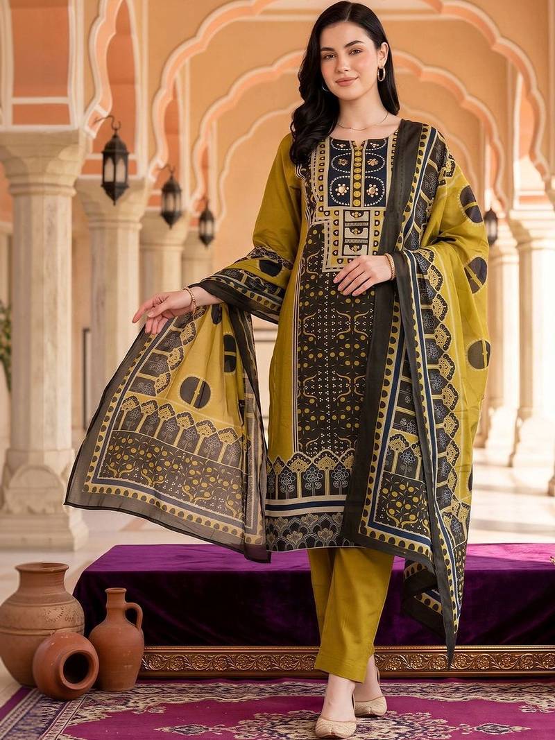 women ethnic motifs printed regular cotton kurta with trousers & with dupatta