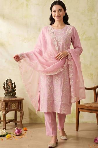 women ethnic motifs embroidered regular work kurta with trousers & with dupatta