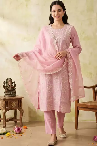 women ethnic motifs embroidered regular work kurta with trousers & with dupatta