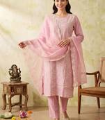 women ethnic motifs embroidered regular work kurta with trousers & with dupatta
