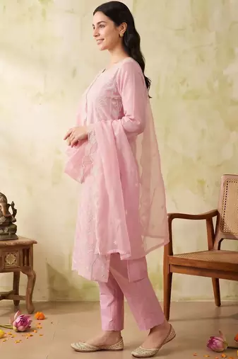 women ethnic motifs embroidered regular work kurta with trousers & with dupatta