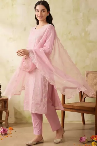 women ethnic motifs embroidered regular work kurta with trousers & with dupatta