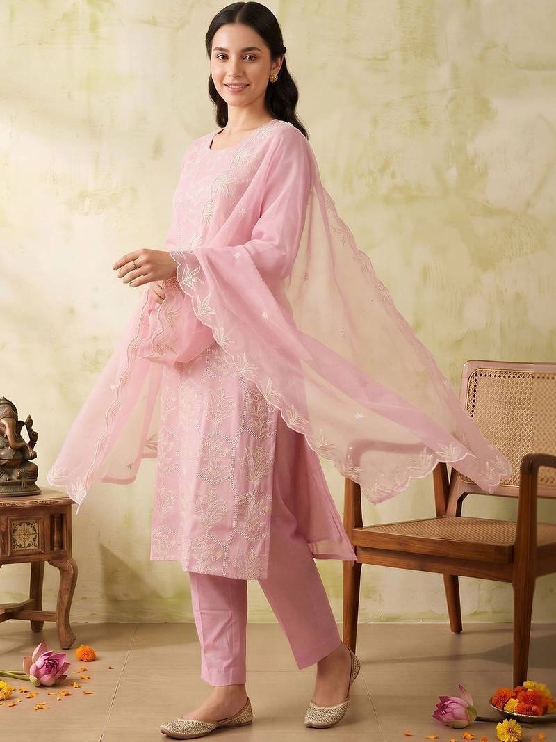 women ethnic motifs embroidered regular work kurta with trousers & with dupatta