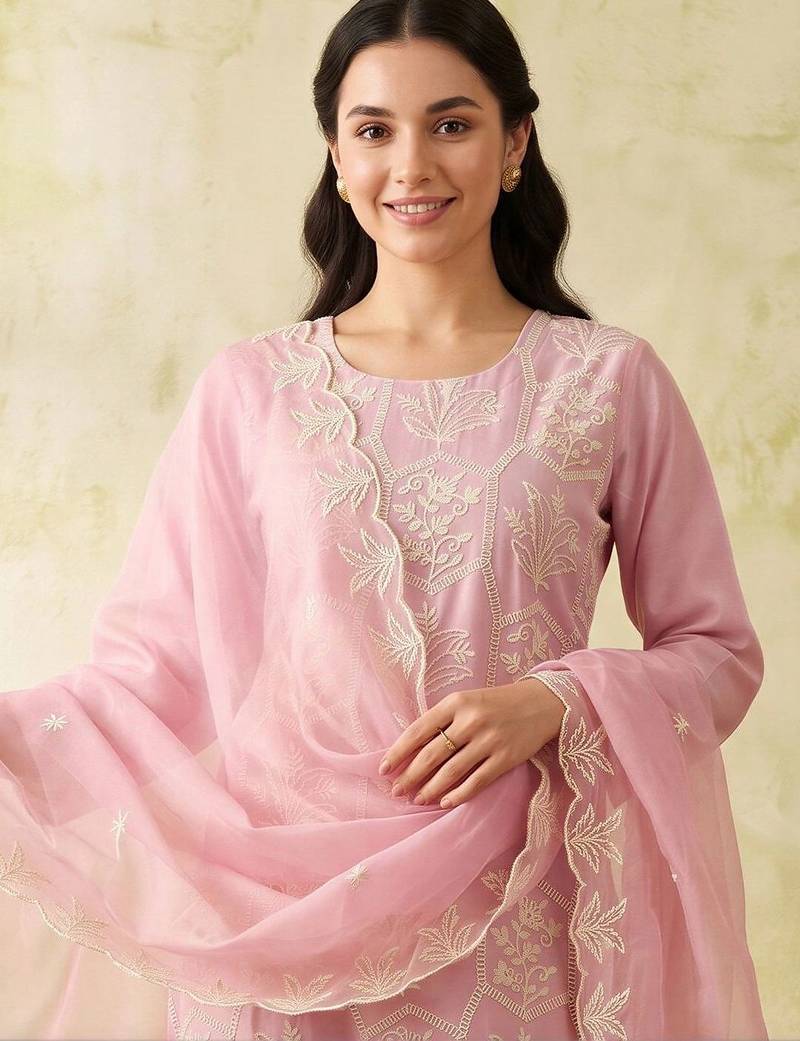 women ethnic motifs embroidered regular work kurta with trousers & with dupatta