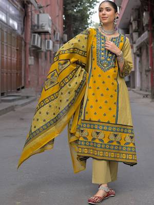 women ethnic motifs printed regular mirror work cotton kurta with palazzos & with dupatta 1