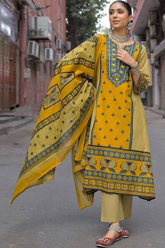 women ethnic motifs printed regular mirror work cotton kurta with palazzos & with dupatta