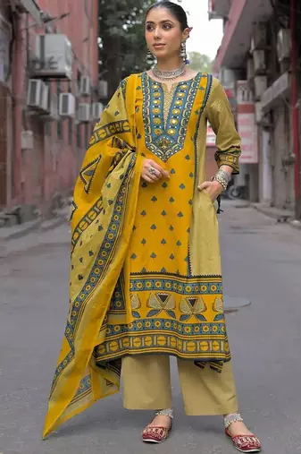 women ethnic motifs printed regular mirror work cotton kurta with palazzos & with dupatta