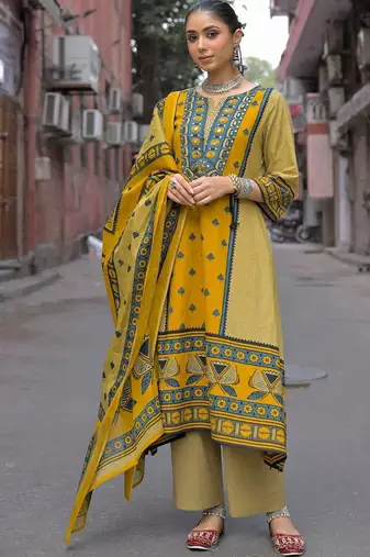 women ethnic motifs printed regular mirror work cotton kurta with palazzos & with dupatta