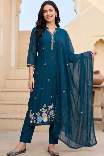 women floral embroidered regular thread work cotton kurta with trousers & with dupatta