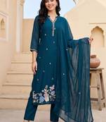 women floral embroidered regular thread work cotton kurta with trousers & with dupatta