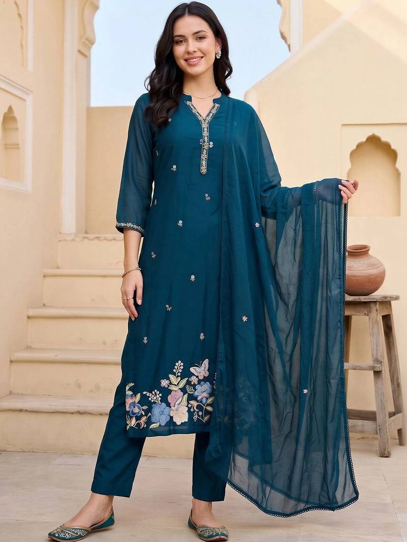 women floral embroidered regular thread work cotton kurta with trousers & with dupatta