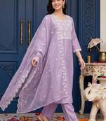 women ethnic motifs embroidered regular thread work kurta with trousers & with dupatta