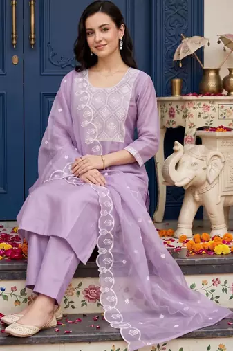 women ethnic motifs embroidered regular thread work kurta with trousers & with dupatta