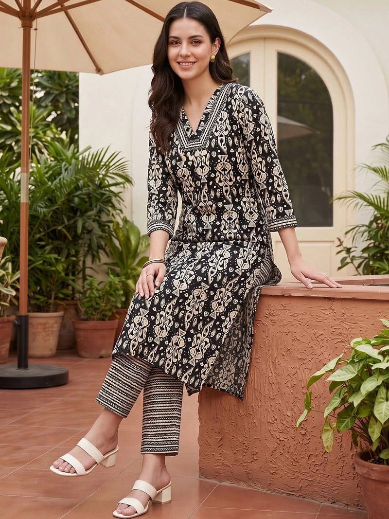 women ethnic motifs printed regular cotton kurta with trousers