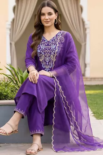 women ethnic motifs embroidered regular thread work kurta with trousers & with dupatta