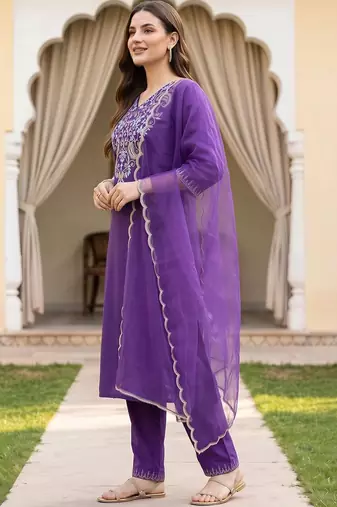 women ethnic motifs embroidered regular thread work kurta with trousers & with dupatta