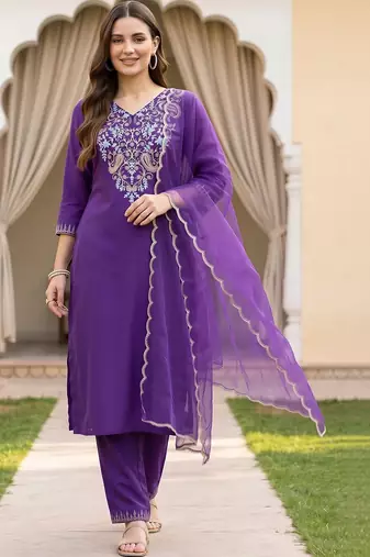 women ethnic motifs embroidered regular thread work kurta with trousers & with dupatta