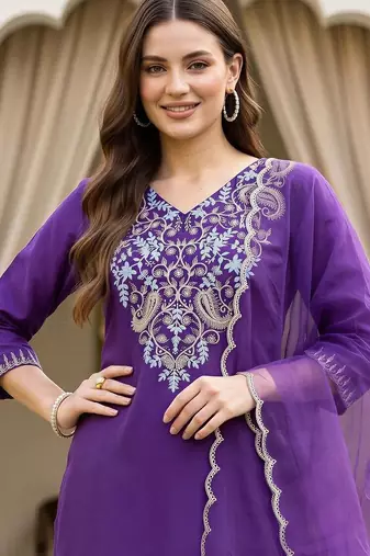 women ethnic motifs embroidered regular thread work kurta with trousers & with dupatta