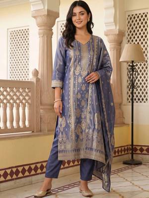 women ethnic motifs regular liva kurta with trousers & with dupatta 1