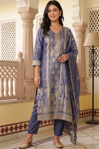 women ethnic motifs regular liva kurta with trousers & with dupatta