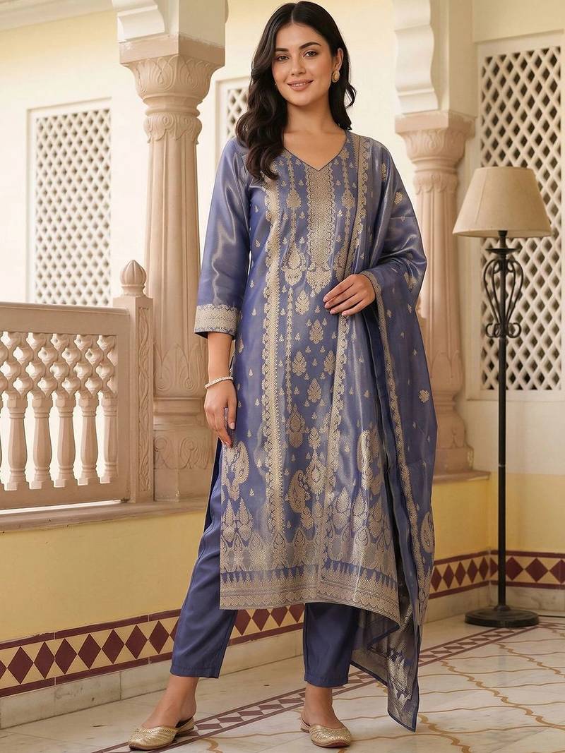 women ethnic motifs regular liva kurta with trousers & with dupatta