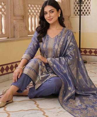 women ethnic motifs regular liva kurta with trousers & with dupatta 2